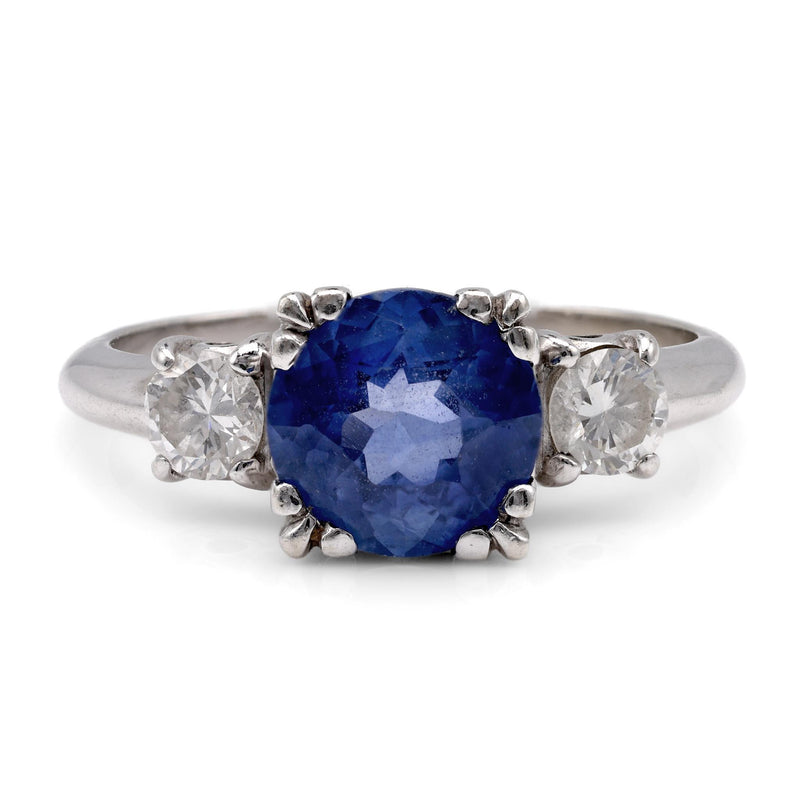 Vintage Sapphire Diamond 14K White Gold Three Stone Ring