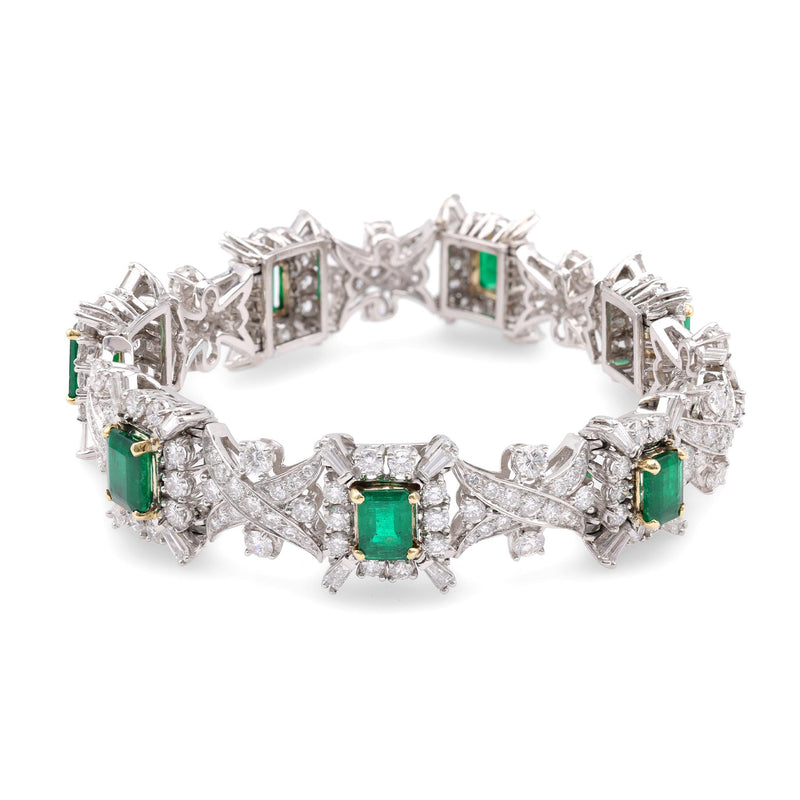 Vintage 7.37 Carat Emerald and 10 Carat Diamond Platinum Bracelet