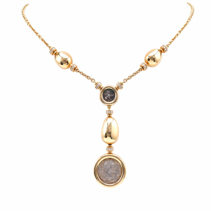 Vintage BVLGARI Diamond 18K Yellow Gold Monete Lariat Necklace