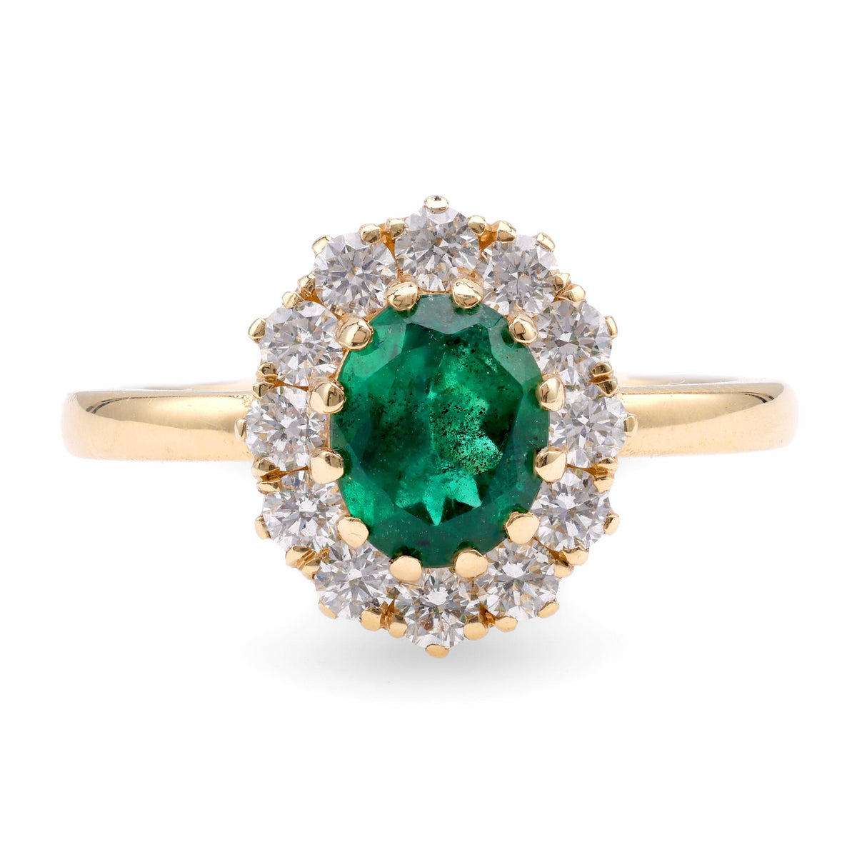 Vintage Inspired Emerald Diamond 18K Yellow Gold Ring Cluster Ring