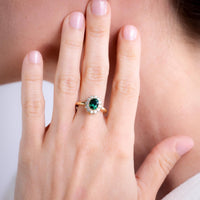 Vintage Inspired Emerald Diamond 18K Yellow Gold Ring Cluster Ring