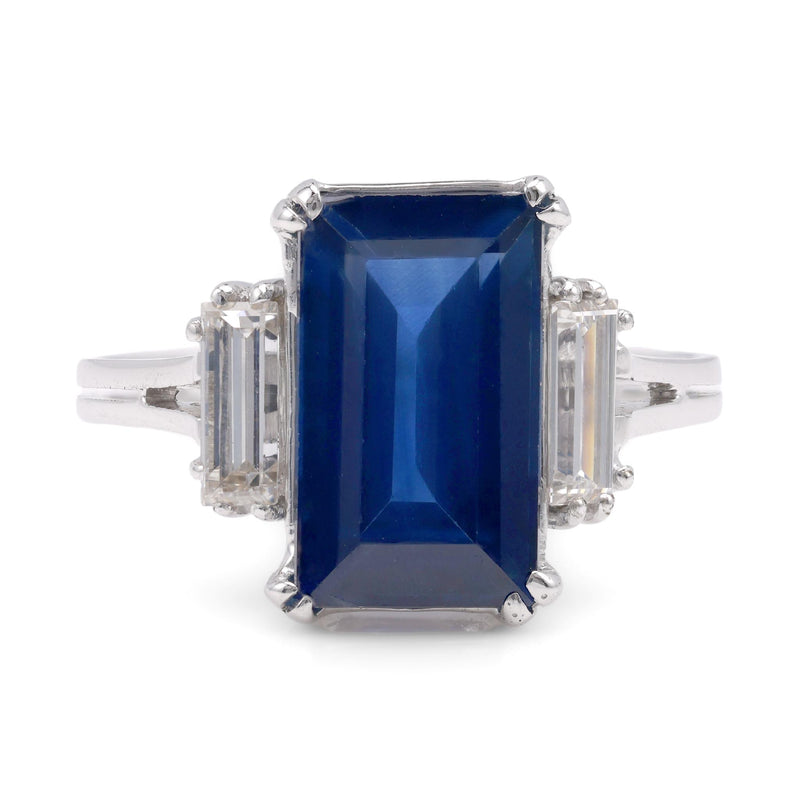 Mid-Century GIA 4.22 Carat Rectangular Cut Sapphire Diamond 18K White Gold Ring