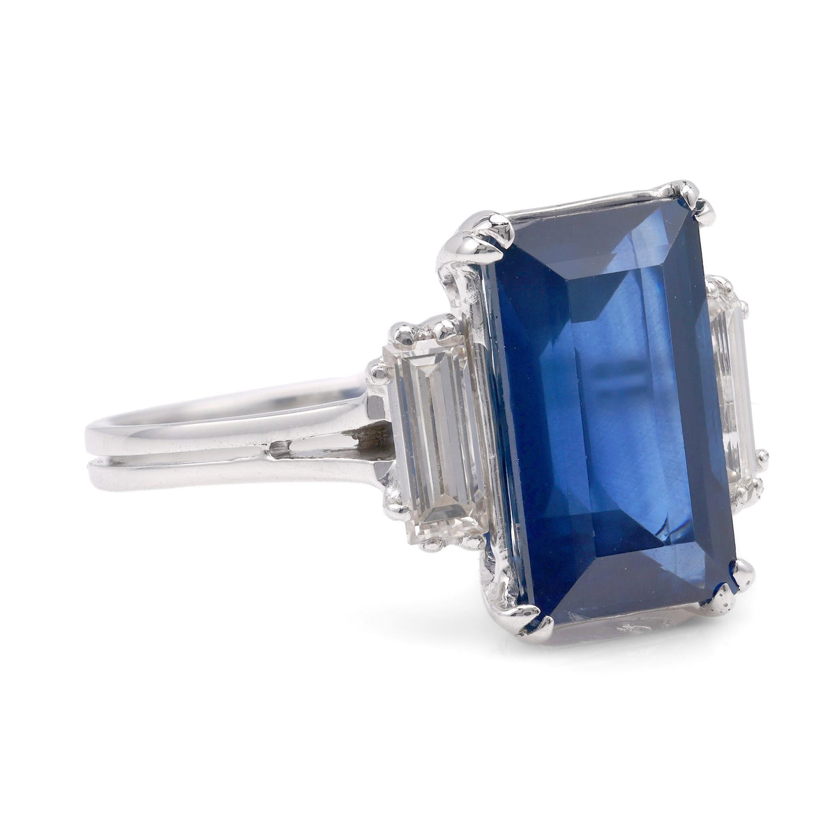 Mid-Century GIA 4.22 Carat Rectangular Cut Sapphire Diamond 18K White Gold Ring