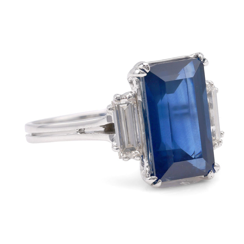 Mid-Century GIA 4.22 Carat Rectangular Cut Sapphire Diamond 18K White Gold Ring