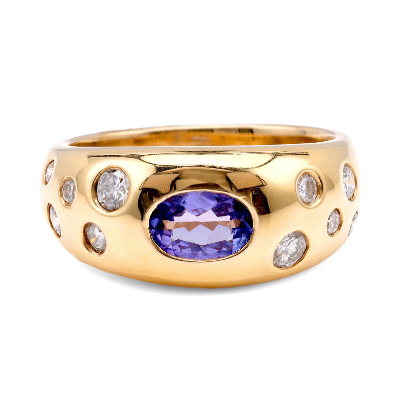 Vintage Kabana Tanzanite Diamond 14K Yellow Gold Bezel Ring