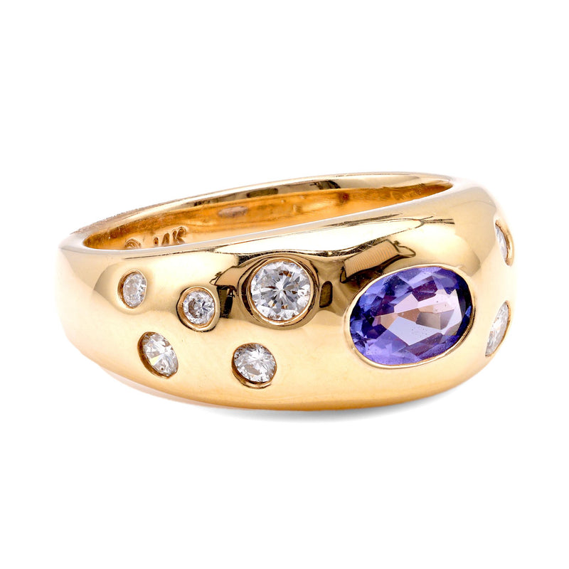 Vintage Kabana Tanzanite Diamond 14K Yellow Gold Bezel Ring