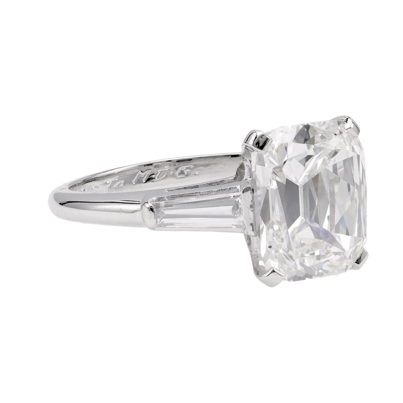 Art Deco GIA 4.15 Carat Cushion Cut Diamond Platinum Engagement Ring