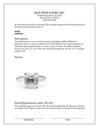 Art Deco GIA 4.15 Carat Cushion Cut Diamond Platinum Engagement Ring