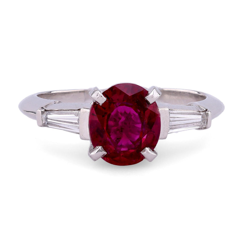 Vintage GIA 1.48 Carat Oval Ruby Diamond Platinum Three Stone Ring