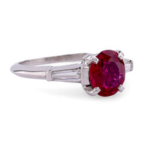 Vintage GIA 1.48 Carat Oval Ruby Diamond Platinum Three Stone Ring