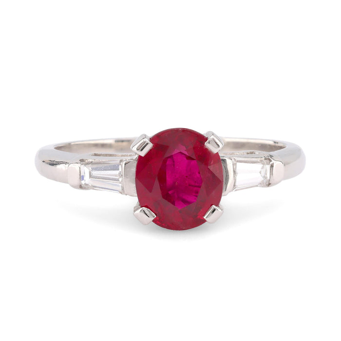 Mid Century GIA 1.73 Carat Oval Cut Ruby Diamond Platinum Ring