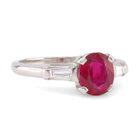 Mid Century GIA 1.73 Carat Oval Cut Ruby Diamond Platinum Ring