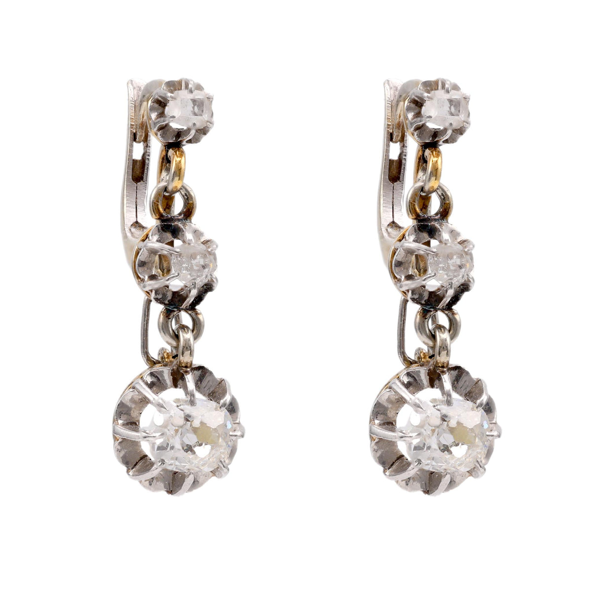 French Antique Diamond 18K Yellow Gold Platinum Earrings