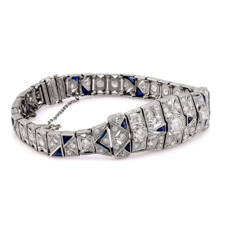 Art Deco 3.50 Carat Total Diamond Weight Diamond Sapphire Platinum Bracelet