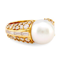 Vintage Cultured Pearl Diamond 18K Yellow Gold Cocktail Ring