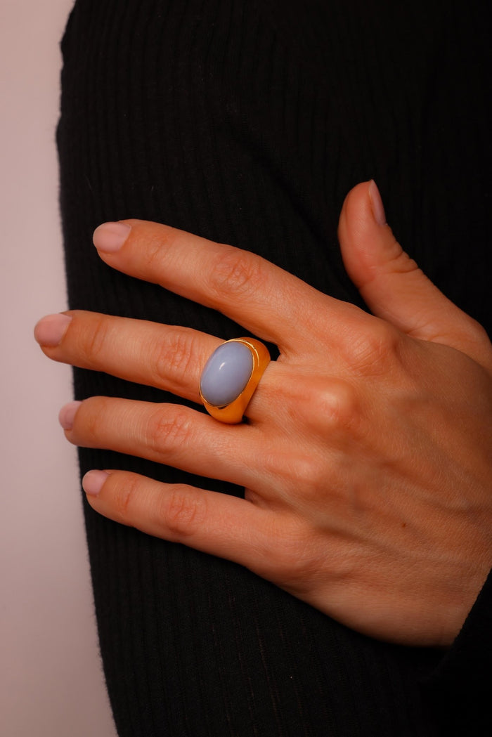 Vintage French 18K Yellow Gold Chalcedony Interchangeable Ring