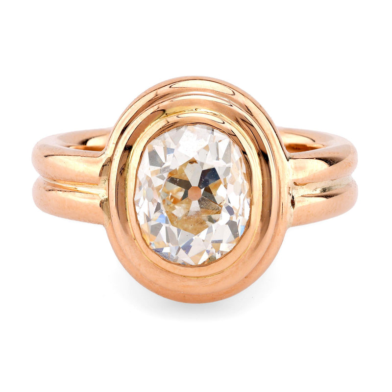 Retro French GIA 2.39 Carat Oval Cut Diamond 18K Rose Gold Solitaire Ring