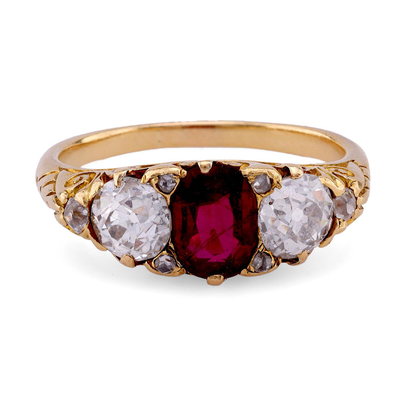 Victorian GIA Burma No Heat Ruby Diamond 18K Yellow Gold Ring