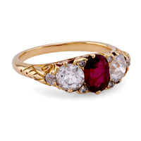 Victorian GIA Burma No Heat Ruby Diamond 18K Yellow Gold Ring