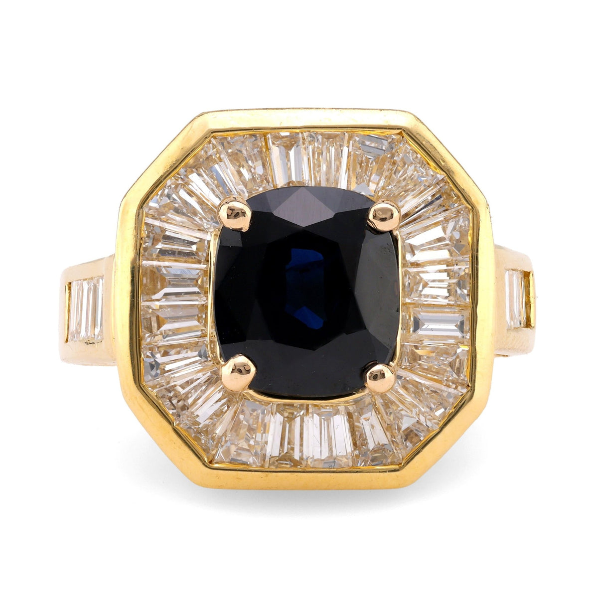 Vintage 2.60 Carat Cushion Sapphire Diamond 18K Yellow Gold Cocktail Ring