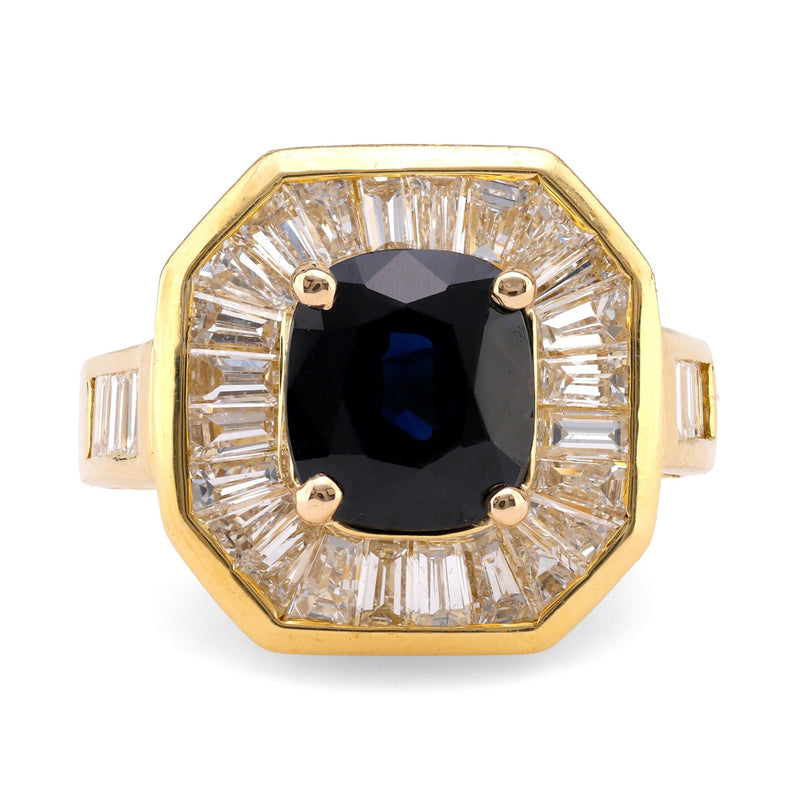 Vintage 2.60 Carat Cushion Sapphire Diamond 18K Yellow Gold Cocktail Ring