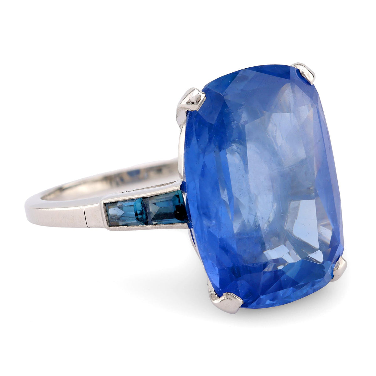 Art Deco GIA 12.9 Carat Cushion Cut No Heat Sapphire Platinum Ring