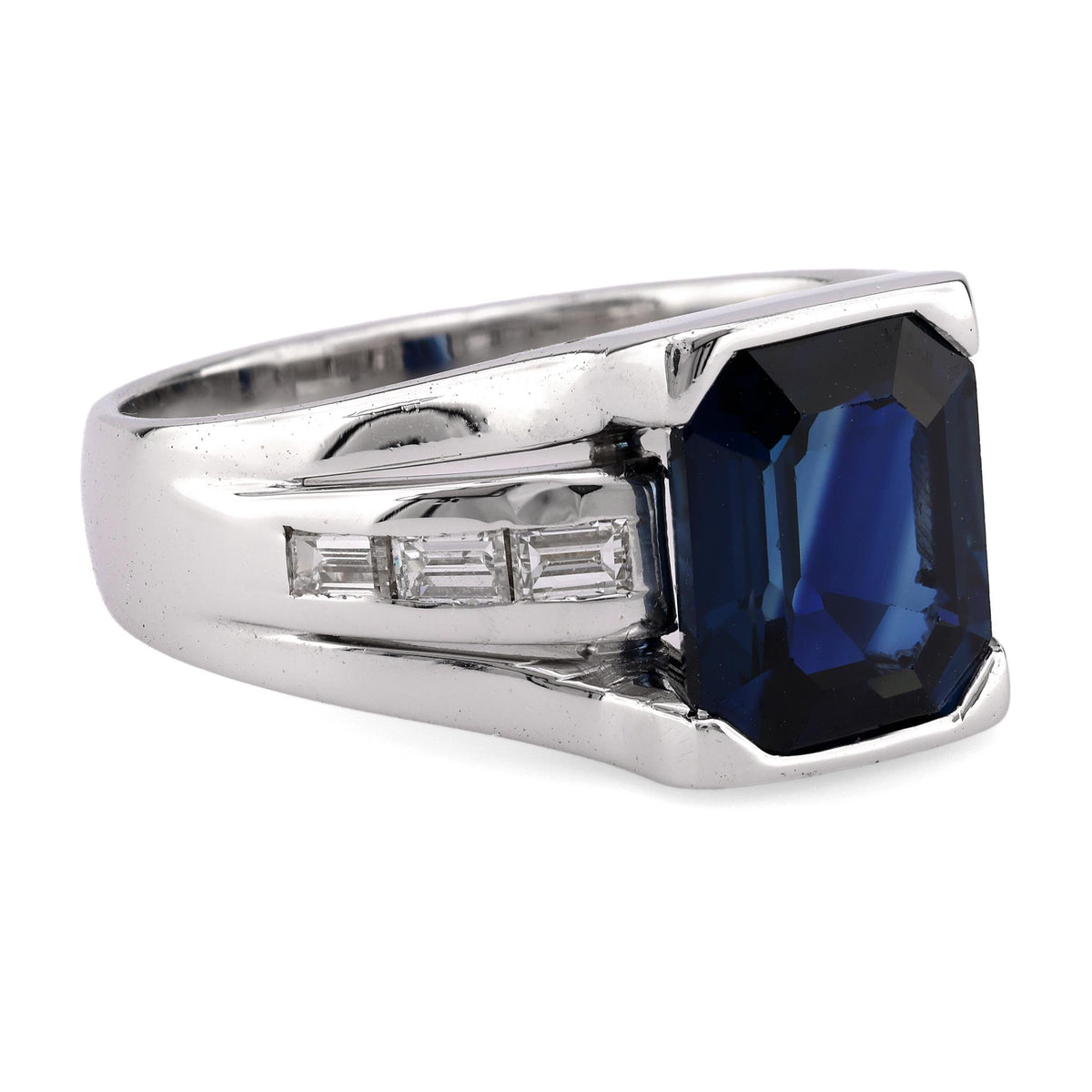 Vintage GIA 4.55 Carat Emerald Cut Sapphire Diamond 14K White Gold Ring