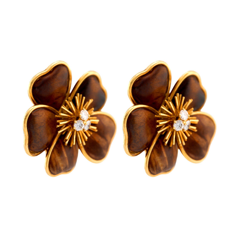 French Large Van Cleef & Arpels Diamond 18K Yellow Gold Wood Clematis Earrings