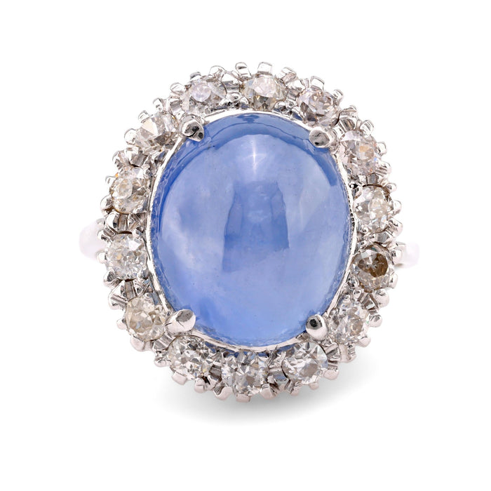 Mid-Century 13.5 Carat Cabochon Star Sapphire Diamond 14K White Gold Ring