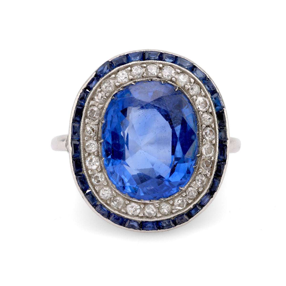 Art Deco French 4 Carat Burma No Heat Sapphire Diamond Platinum Cluster Ring