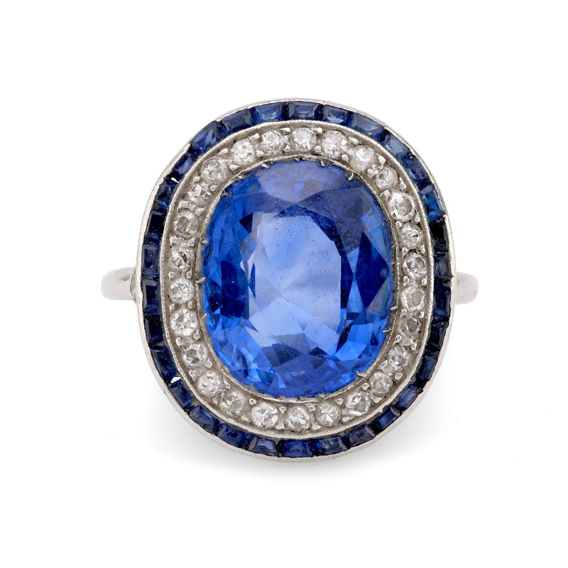 Art Deco French 4 Carat Burma No Heat Sapphire Diamond Platinum Cluster Ring