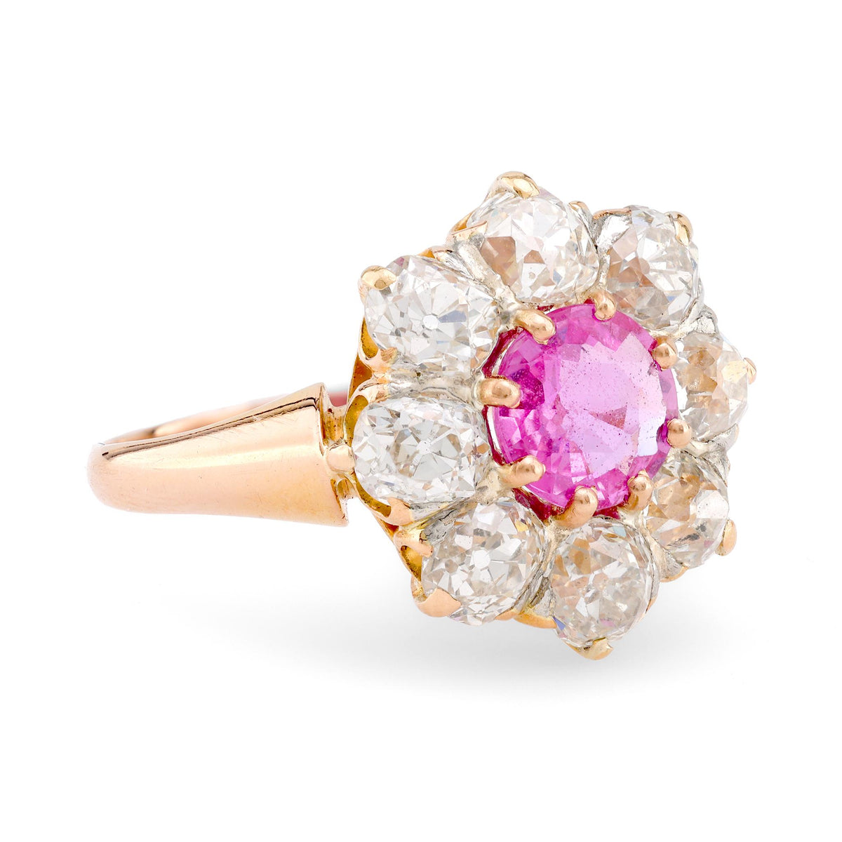 Victorian French Pink Sapphire Diamond 18K Rose Gold Cluster Ring