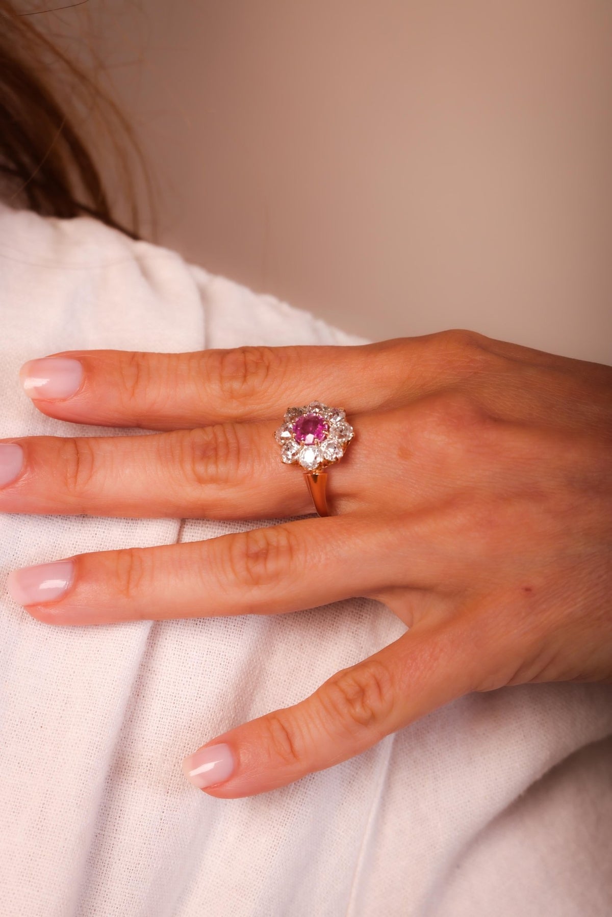 Victorian French Pink Sapphire Diamond 18K Rose Gold Cluster Ring