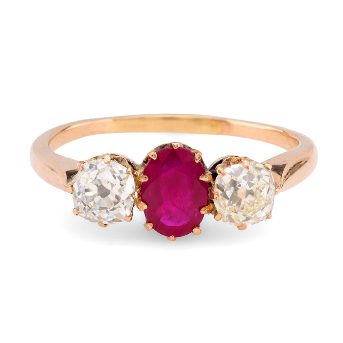 Victorian French Ruby Diamond 18K Rose Gold Three Stone Ring