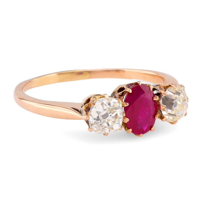 Victorian French Ruby Diamond 18K Rose Gold Three Stone Ring