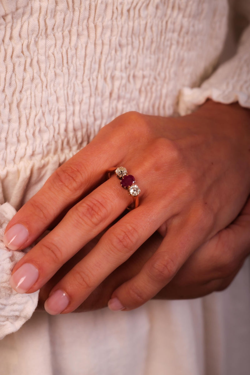 Victorian French Ruby Diamond 18K Rose Gold Three Stone Ring