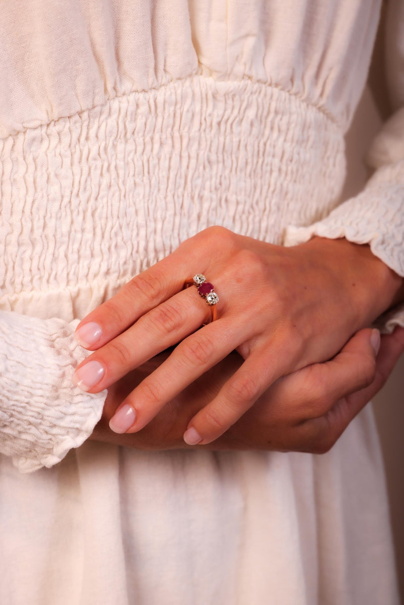 Victorian French Ruby Diamond 18K Rose Gold Three Stone Ring