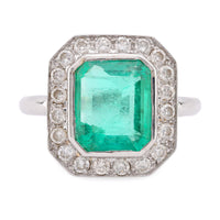 Mid Century French GIA 2 Carat Emerald Diamond 18K White Gold Cluster Ring