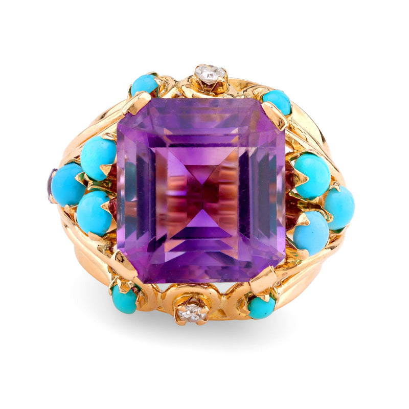 Retro French 11 Carat Amethyst Turquoise Diamond 18K Yellow Gold Cocktail Ring