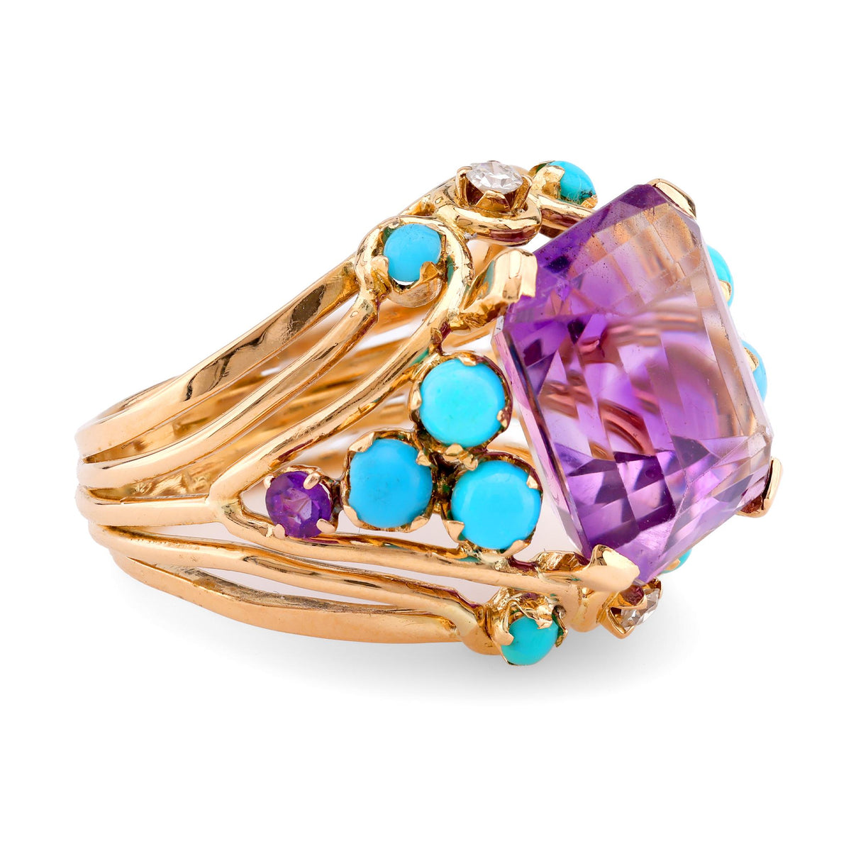 Retro French 11 Carat Amethyst Turquoise Diamond 18K Yellow Gold Cocktail Ring