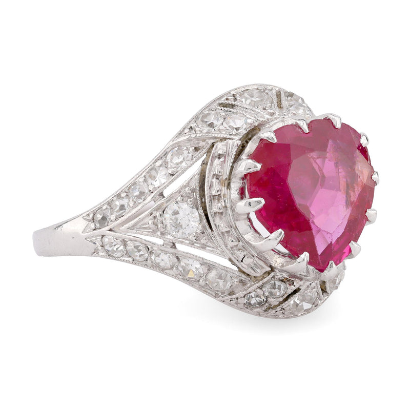 Art Deco French GIA 1.8 Carat Burma No Heat Ruby Diamond Platinum Ring