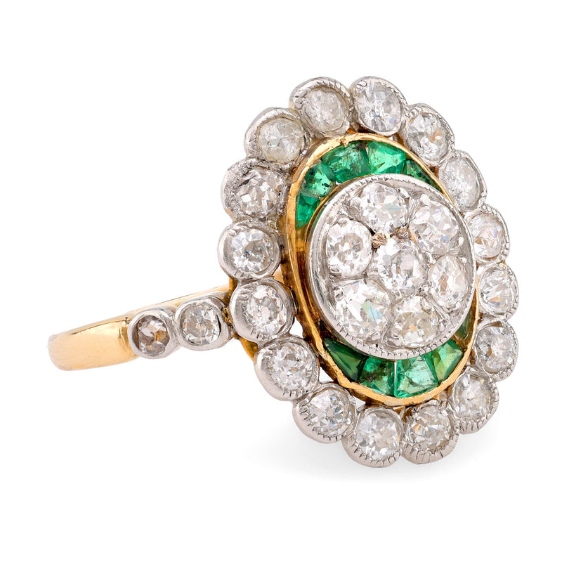 French Belle Époque Diamond Emerald 18K Yellow Gold Target Ring