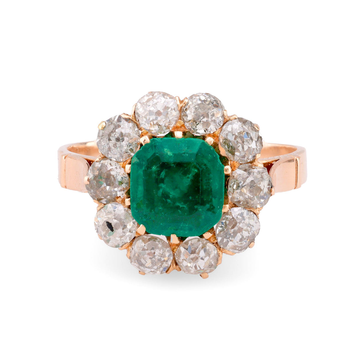 Victorian GIA 1.5 Carat Colombian Emerald Diamond 9K Rose Gold Cluster Ring