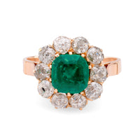 Victorian GIA 1.5 Carat Colombian Emerald Diamond 9K Rose Gold Cluster Ring