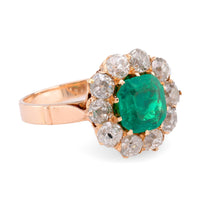 Victorian GIA 1.5 Carat Colombian Emerald Diamond 9K Rose Gold Cluster Ring