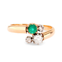 Victorian French Emerald Diamond 18K Rose Gold Toi Et Moi Ring