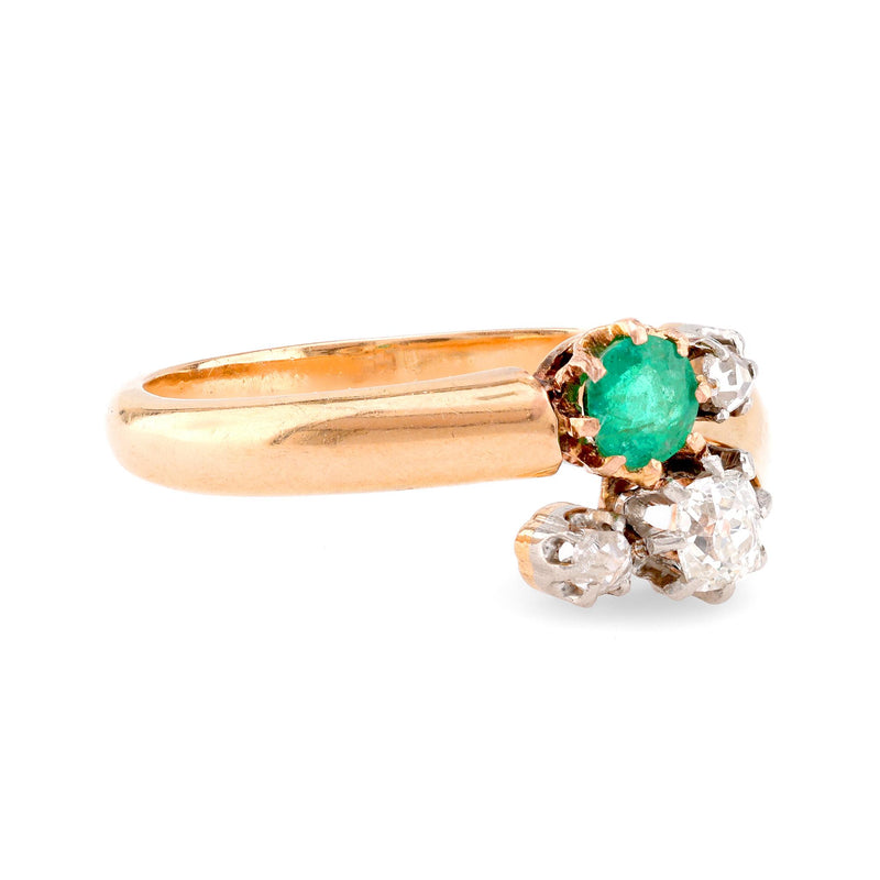 Victorian French Emerald Diamond 18K Rose Gold Toi Et Moi Ring