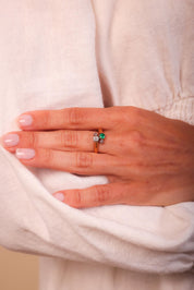 Victorian French Emerald Diamond 18K Rose Gold Toi Et Moi Ring