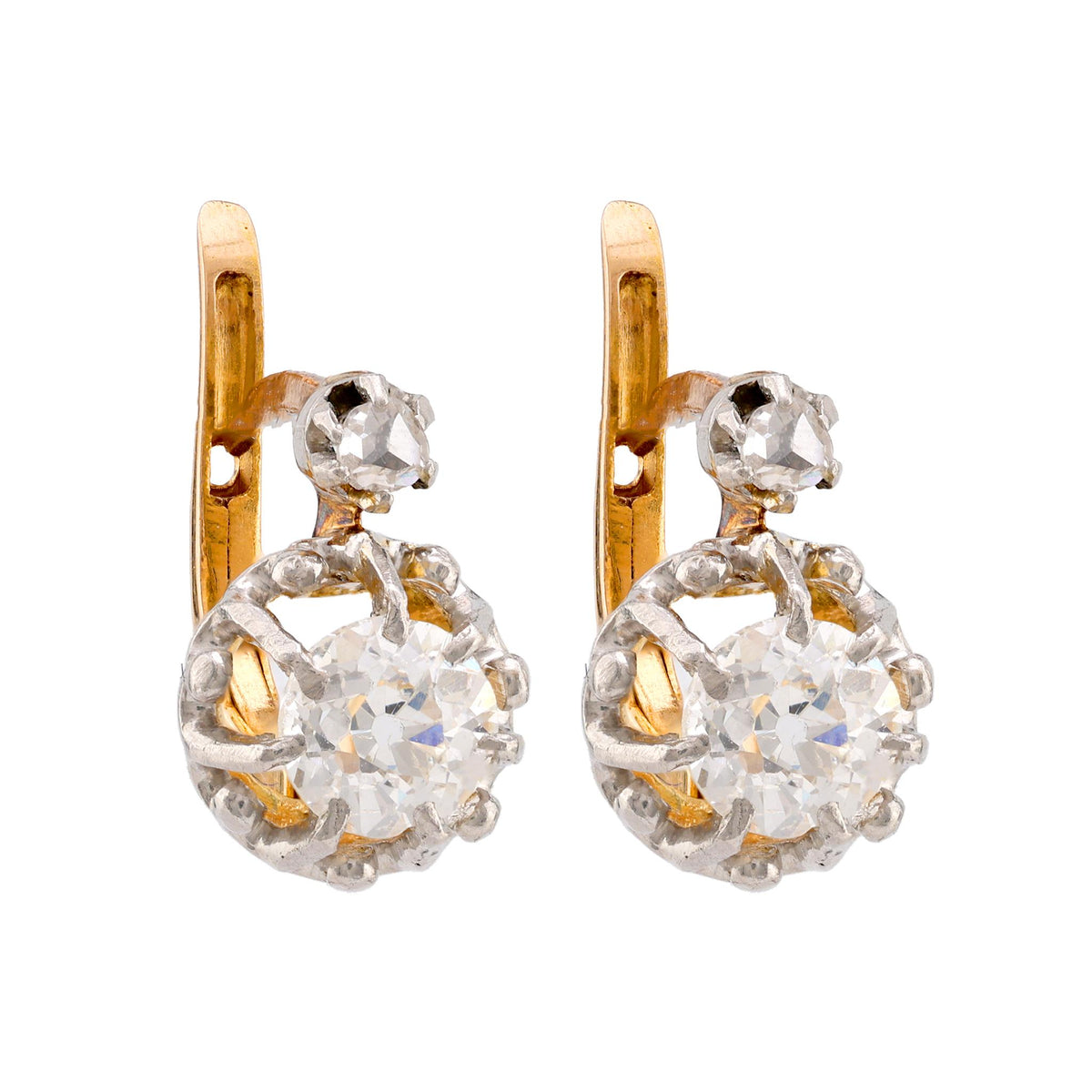 Edwardian French Diamond 18K Yellow Gold Sleeper Earrings