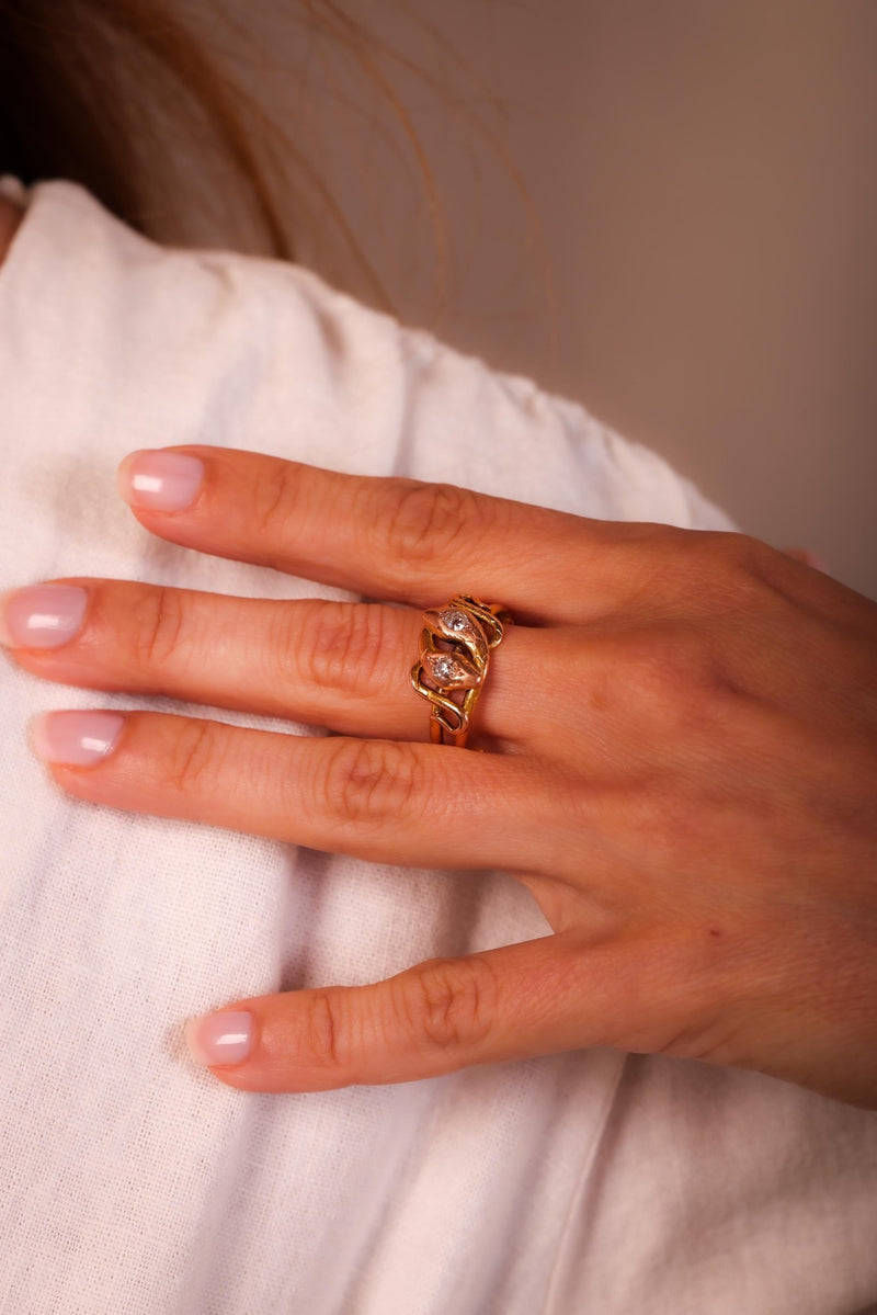 Victorian French Diamond 18K Yellow Rose Gold Snake Ring